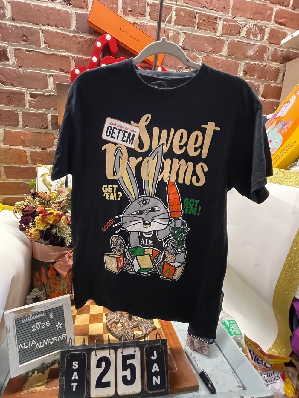 Sweet Dreams Bunny Graphic Tee - Black with Tan & Multicolor Print